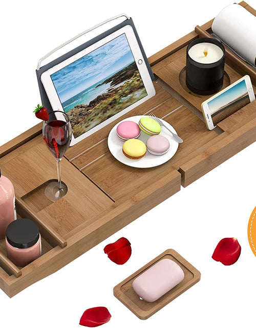 Load image into Gallery viewer, Bathtub Caddy Tray Expandable Bamboo Bath Tub Tray for Luxury Bath with Book Holder Free Soap Dish Brown
