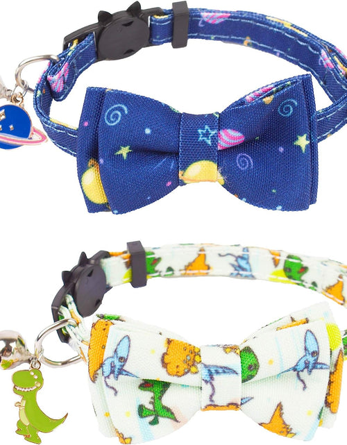 Load image into Gallery viewer, Cat Collar Breakaway with Cute Bow Tie Bell - 2 Pack Kitten Collar with Removable Bowtie Universe Dinosaur Pattern Cat Bowtie Collar for Cat Kitten (Dinosaur &amp; Universe)
