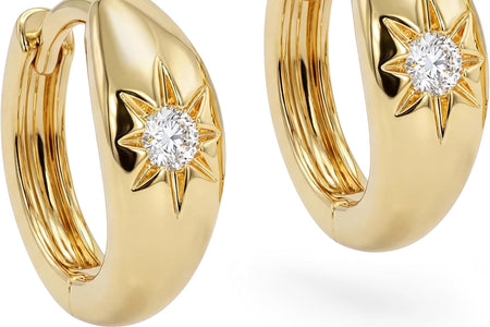 18K Gold Plated Huggie Earrings with Shining Cubic Zriconia Geometry Beads Star Hoop Earrings for Women