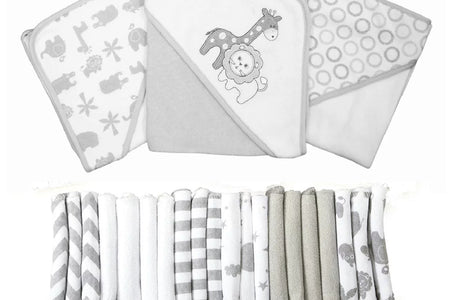 Bath Hooded Towels & Washcloths Set for Babies, 23-Piece Gift Set, Gray Lion