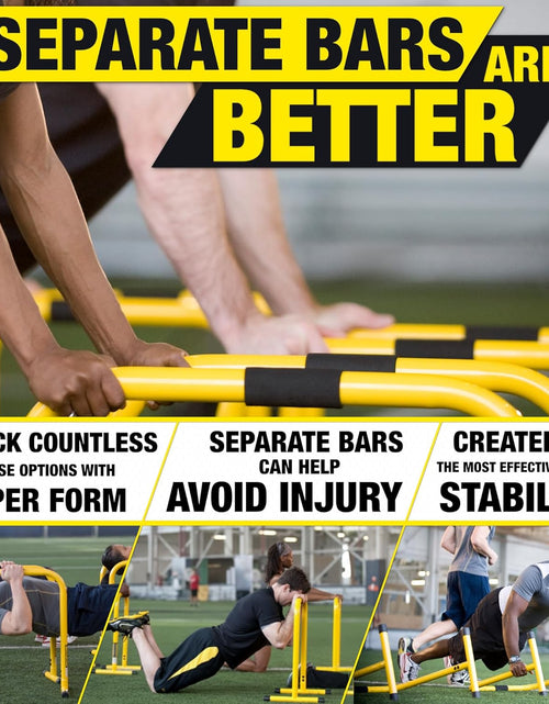 Load image into Gallery viewer, Fitness Dip Bar Stand - Original Equalizer Total Body Strengthener Pull up Bar Home Gym Exercise Equipment Dipping Station - Hip Resistance Band, Workout Guide and Online Group - Yellow
